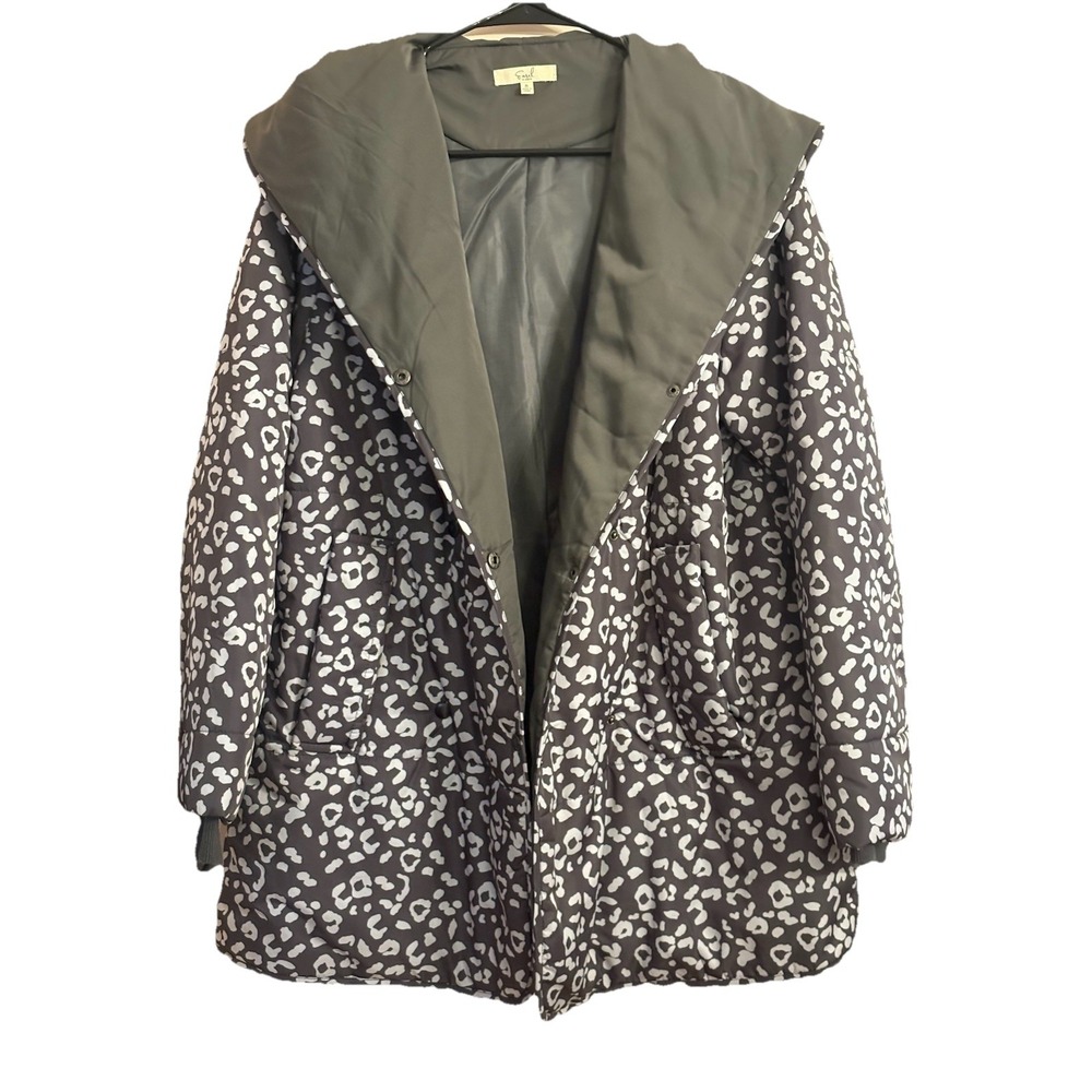 Easel Puffer Leopard Print Jacket Light Weight Doubled Breasted Pockets Gray